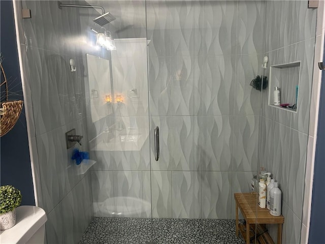 bathroom with a stall shower and toilet