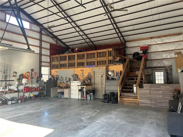 garage with a workshop area