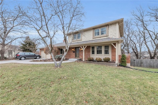 front facade with a garage, covered porch, and a front yard