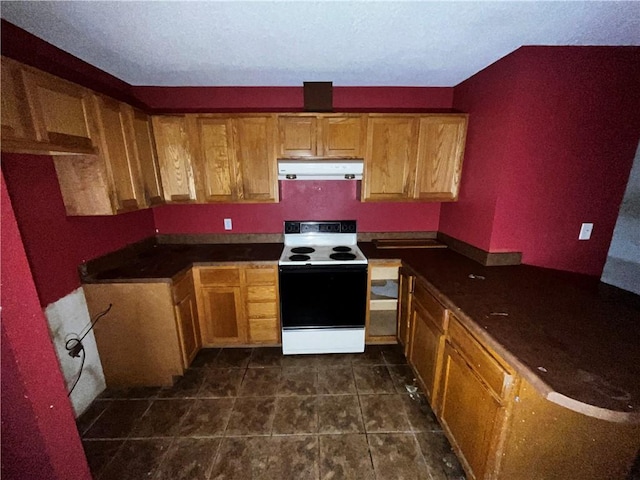 kitchen with range with electric cooktop and dark tile patterned flooring