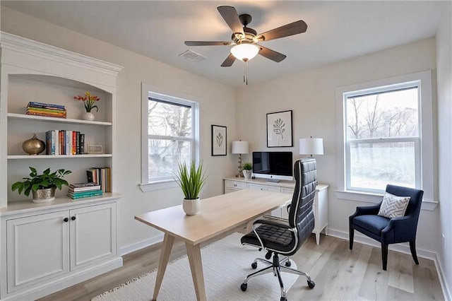 home office featuring visible vents, ceiling fan, light wood-style flooring, and baseboards