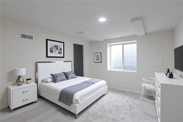 bedroom with light carpet, baseboards, visible vents, and recessed lighting