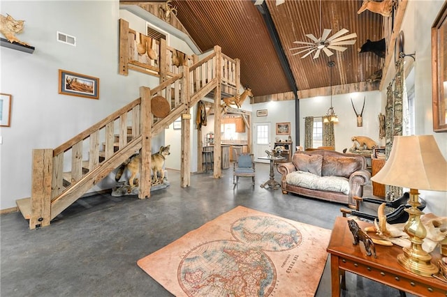 living room featuring ceiling fan, wooden ceiling, and high vaulted ceiling