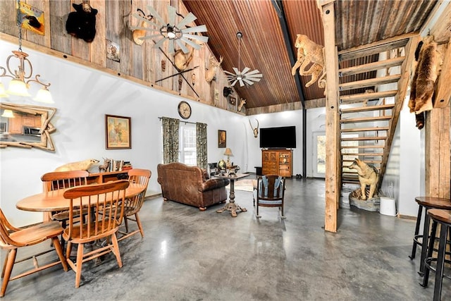 living room featuring ceiling fan, high vaulted ceiling, and wooden ceiling