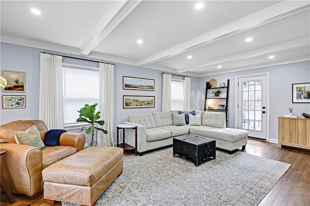 living room featuring beamed ceiling, ornamental molding, and dark hardwood / wood-style flooring