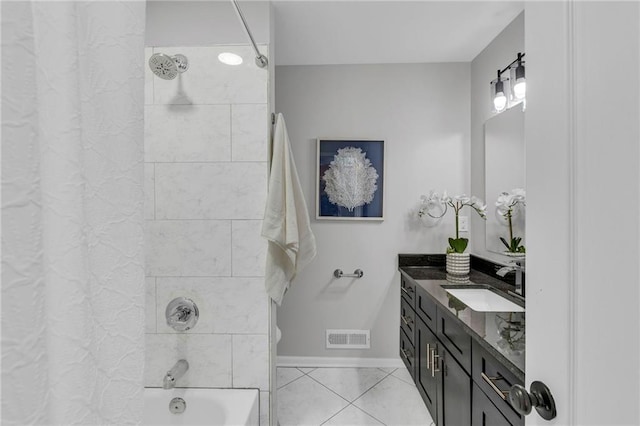 full bathroom featuring visible vents, shower / bath combo, vanity, tile patterned flooring, and baseboards