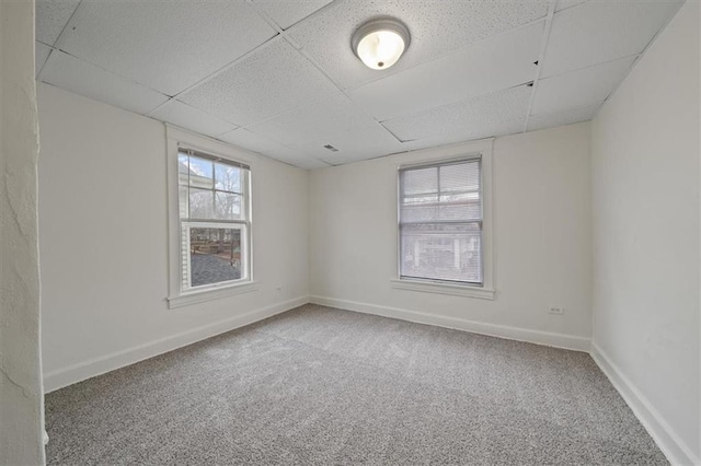 spare room featuring carpet and a paneled ceiling