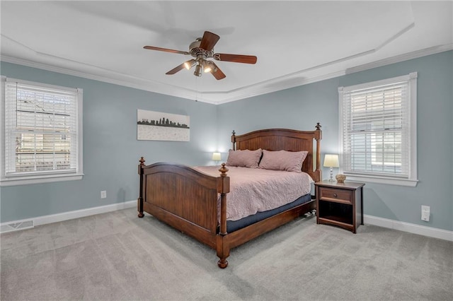 bedroom with visible vents, carpet, and ornamental molding