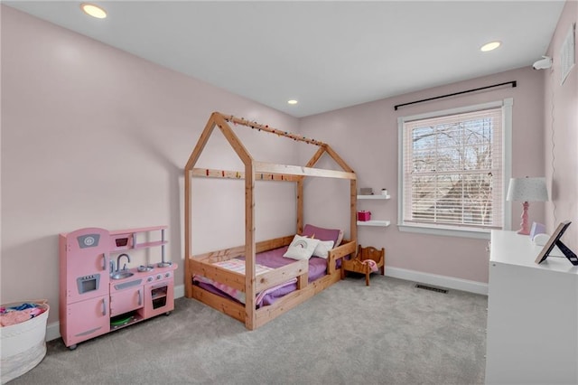 carpeted bedroom with visible vents, recessed lighting, and baseboards