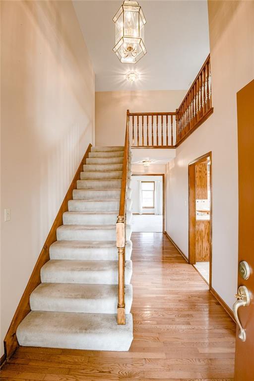 stairs featuring a towering ceiling and hardwood / wood-style floors