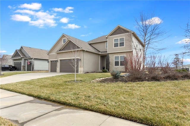 craftsman-style home with stone siding, an attached garage, concrete driveway, and a front lawn