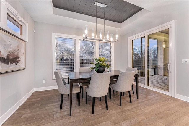 dining space with wood-type flooring, a healthy amount of sunlight, and a tray ceiling