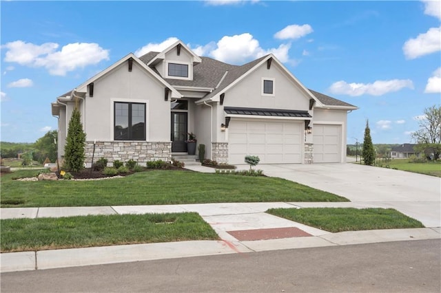 view of front facade featuring stucco siding, concrete driveway, a front lawn, stone siding, and metal roof