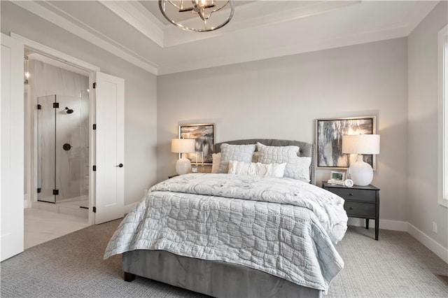 bedroom with a raised ceiling, light carpet, and a notable chandelier