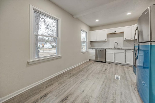 kitchen featuring stainless steel appliances, white cabinetry, sink, and backsplash