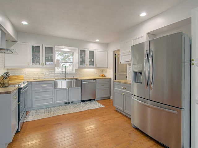 kitchen featuring sink, wooden counters, stainless steel appliances, light hardwood / wood-style floors, and decorative backsplash