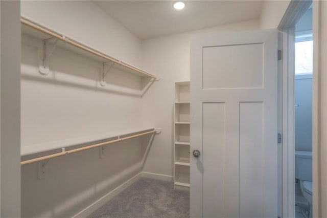 walk in closet featuring dark colored carpet