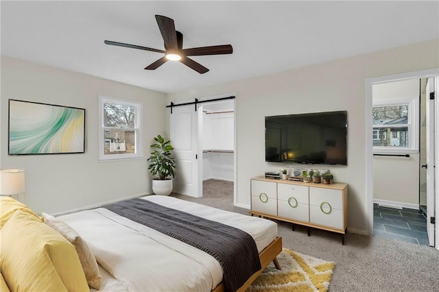 carpeted bedroom featuring ceiling fan, a walk in closet, a barn door, and ensuite bath