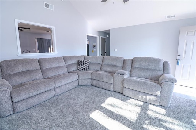 living room with vaulted ceiling and ceiling fan