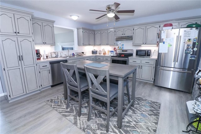 kitchen featuring sink, gray cabinetry, light wood-type flooring, appliances with stainless steel finishes, and ceiling fan