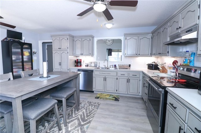 kitchen featuring sink, gray cabinets, stainless steel appliances, and ceiling fan