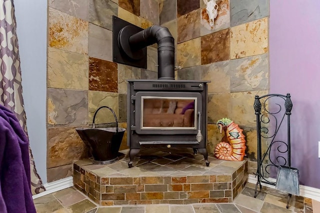 interior details with a wood stove