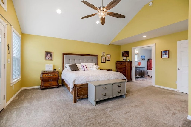 carpeted bedroom with high vaulted ceiling and ceiling fan