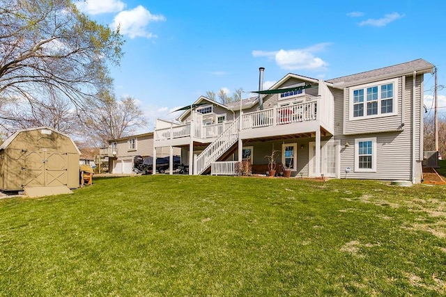 back of property featuring a storage shed, a yard, and a deck