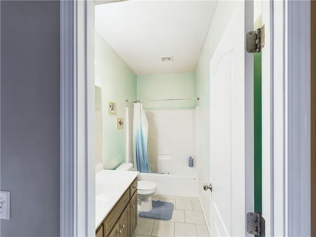 full bathroom with vanity, shower / tub combo, tile patterned floors, and toilet