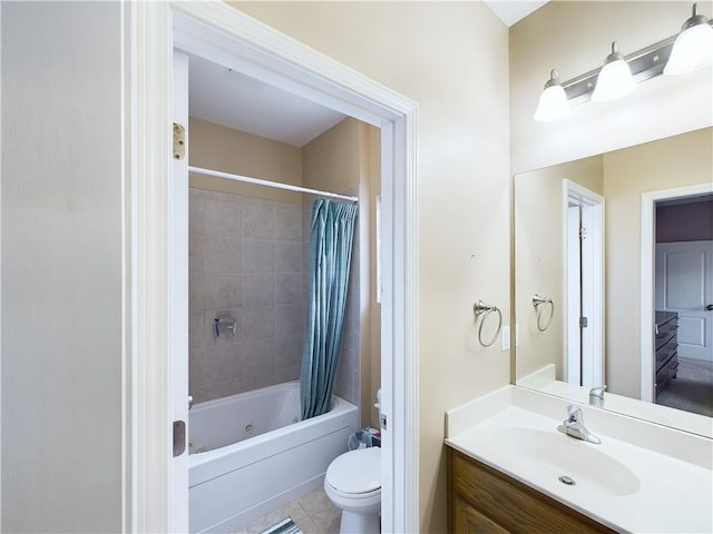 full bathroom with toilet, tile patterned floors, vanity, and shower / bathtub combination with curtain