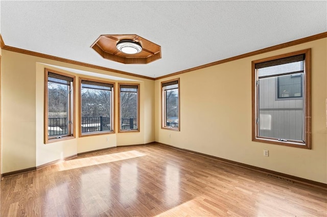 unfurnished room featuring ornamental molding, light hardwood / wood-style floors, and a textured ceiling