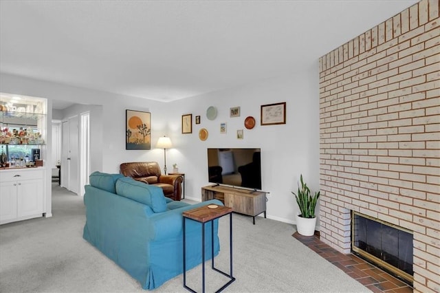 carpeted living room with indoor bar and a fireplace