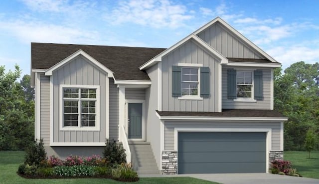 view of front facade featuring board and batten siding, roof with shingles, a garage, stone siding, and driveway