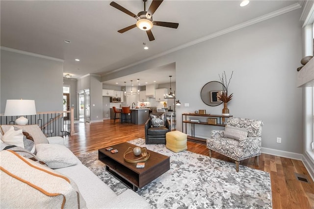 living room with sink, dark wood-type flooring, and ornamental molding