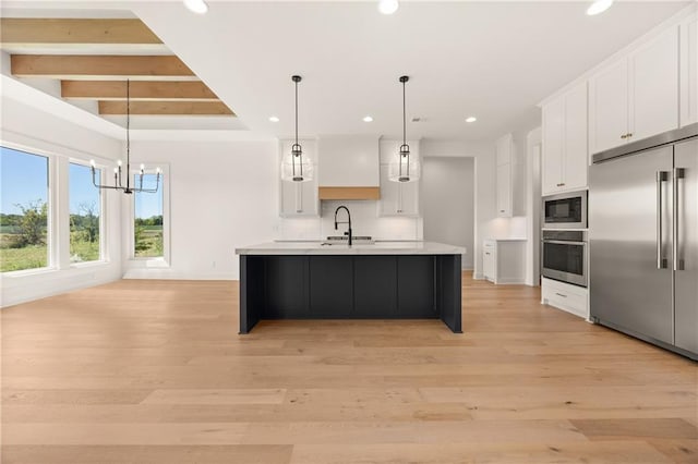 17021 Parkhill St, Overland Park, KS 66221 - kitchen featuring built in appliances, recessed lighting, white cabinets, backsplash, and light countertops