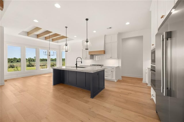 17021 Parkhill St, Overland Park, KS 66221 - kitchen with high quality fridge, light wood-style floors, light countertops, white cabinetry, and decorative backsplash