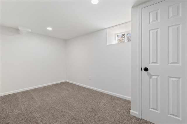 basement with recessed lighting, carpet, and baseboards