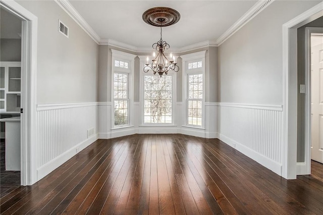 4300 SE Willow Ridge Dr, Blue Springs, MO 64014 - unfurnished dining area featuring ornamental molding, dark hardwood / wood-style floors, and a chandelier