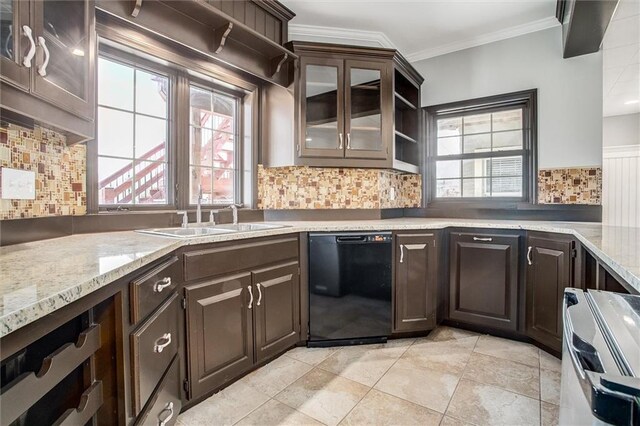 4300 SE Willow Ridge Dr, Blue Springs, MO 64014 - kitchen with dark brown cabinetry, sink, ornamental molding, black dishwasher, and a healthy amount of sunlight