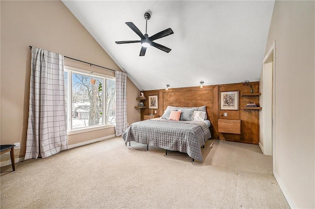 bedroom featuring high vaulted ceiling, baseboards, a ceiling fan, and light colored carpet