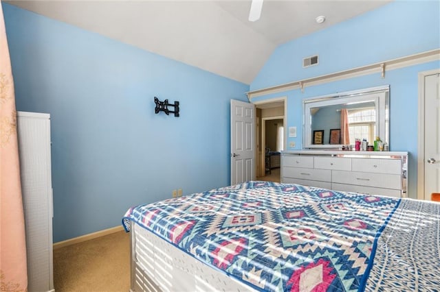 bedroom featuring baseboards, visible vents, lofted ceiling, ceiling fan, and carpet flooring