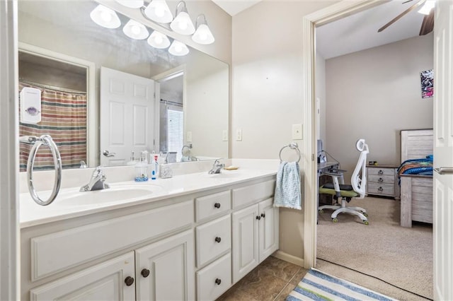 full bath featuring double vanity, ensuite bath, a ceiling fan, and a sink