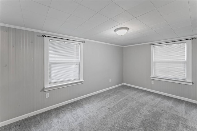 carpeted empty room with ornamental molding and a healthy amount of sunlight