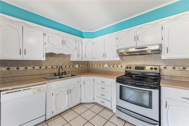 kitchen with light tile patterned flooring, a sink, electric stove, under cabinet range hood, and dishwasher