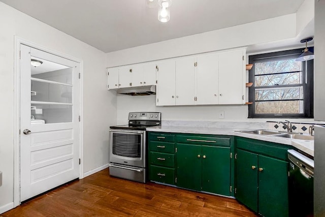 kitchen featuring white cabinets, electric stove, dishwashing machine, under cabinet range hood, and a sink