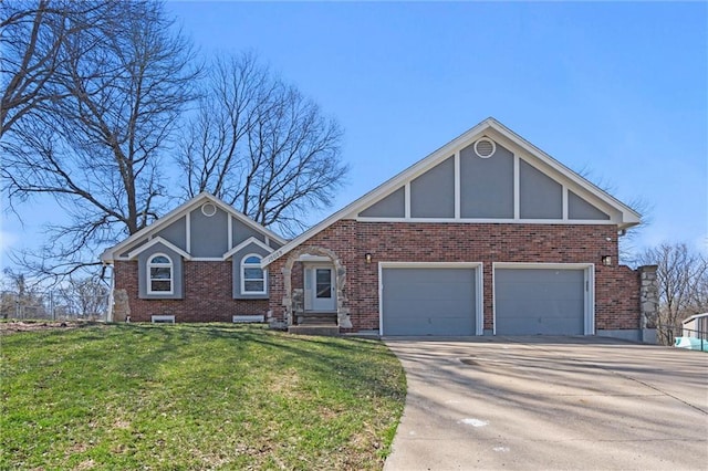 view of front of house featuring brick siding, an attached garage, concrete driveway, and a front lawn