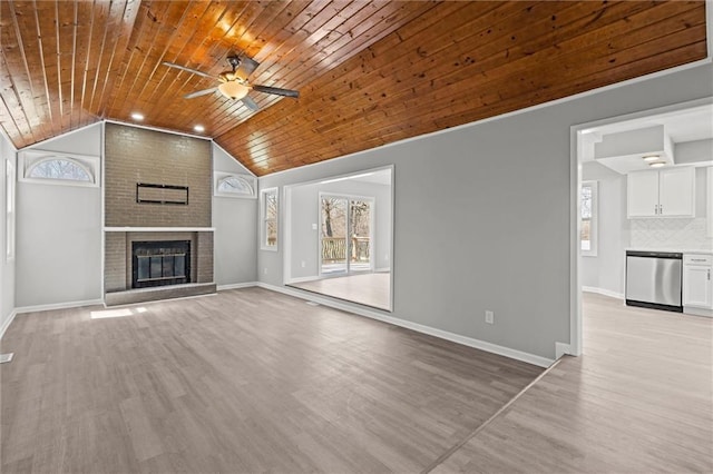 unfurnished living room featuring lofted ceiling, light wood-style floors, wooden ceiling, baseboards, and ceiling fan