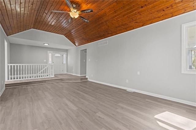 spare room featuring ceiling fan, baseboards, vaulted ceiling, wooden ceiling, and wood finished floors
