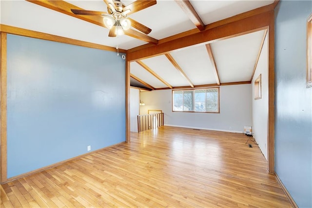 unfurnished room featuring lofted ceiling with beams, ceiling fan, and light hardwood / wood-style flooring