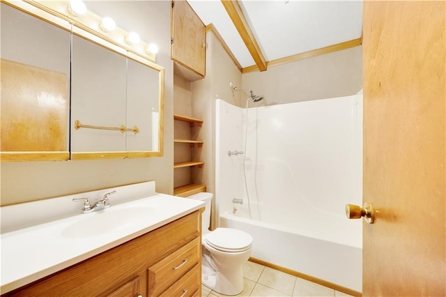 full bathroom featuring washtub / shower combination, vanity, toilet, and tile patterned flooring